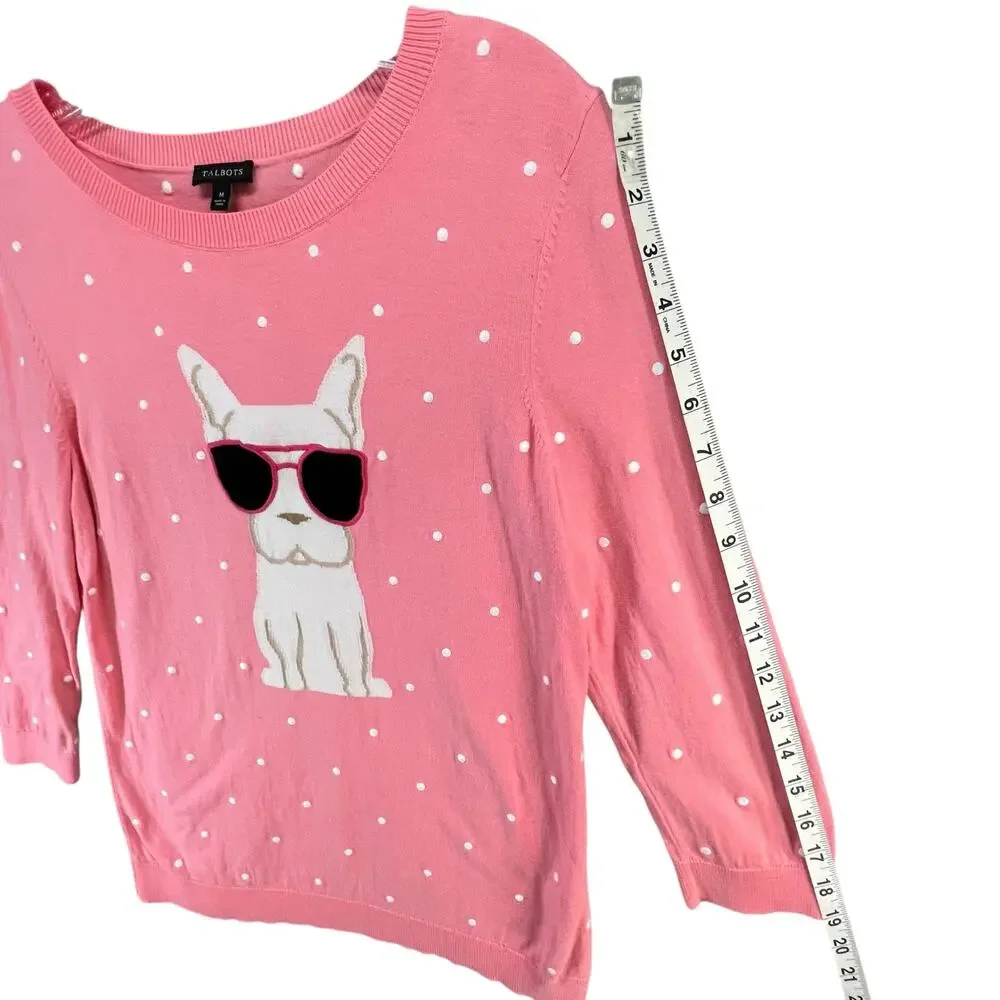 Talbots Sweater Womens M Pink Embroidered Novelty Dog Frenchie‎ Preppy Feminine